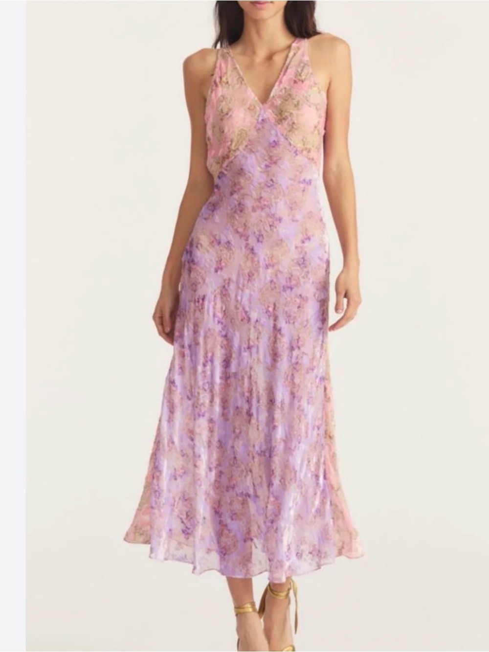 LoveShackFancy Pink and Lavender Floral Slip Midi Dress
